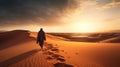 woman in traditional Emirati dress walking in a desert in strong wind and sunset. - Generative ai.