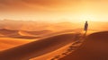 woman in traditional Emirati dress walking in a desert in strong wind and sunset. - Generative ai.