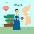 Woman In Traditional Korean Clothes Over Korea Map And Temple Or Palace Building Background