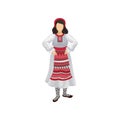 Woman in traditional Romanian clothing long white dress with ornament, red headwear and bast shoes. Folk costume. Flat Royalty Free Stock Photo