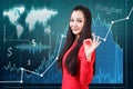 Woman on the traiding graph background Royalty Free Stock Photo