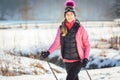 Woman on the trail for a winter hike Royalty Free Stock Photo