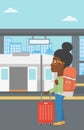 Woman at the train station vector illustration.