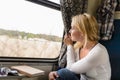 Woman train traveling looking out the window