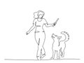 Woman training dog with stick. Continuous one line art