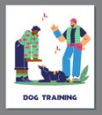 Woman training her dog with help of professional dog trainer or cynologist, poster template flat vector illustration.