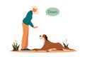 Woman training her pet dog. Happy puppy having command lesson. Royalty Free Stock Photo