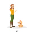 Woman training her pet dog. Sit command Royalty Free Stock Photo