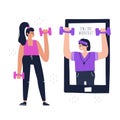 Woman training at home with a coach online on her tablet or smartphone. Royalty Free Stock Photo