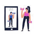 Woman training at home with virtual coach on smartphone. Workout online concept. Royalty Free Stock Photo