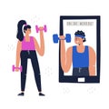 Woman training at home with virtual coach on smartphone. Workout online concept. Royalty Free Stock Photo