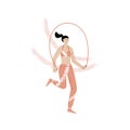 Woman training with jumping skipping rope on white