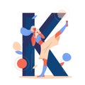 Woman training kickboxing sport. Large letter K on background. Vector concept illustration for female martial arts school or club Royalty Free Stock Photo