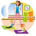 Woman Training Kids Boy Girl Stretch on Floor Mat