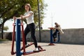 Woman training on outside sport ground in the morning. Royalty Free Stock Photo