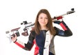 Woman training sport shooting with air rifle gun