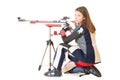 Woman training sport shooting with air rifle gun