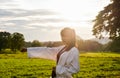 Woman training taekwondo sunset.Photos is backlit Royalty Free Stock Photo