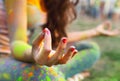 Woman training yoga and meditation at poolside Royalty Free Stock Photo