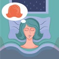 Woman or transgender sleeping on a bed in bedroom and dreams. Vector Illustration, poster, banner for psychological article about