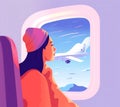 flight woman window journey passenger trip character porthole plane seat transportation. Generative AI.
