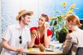 Woman in travel agency with shell Royalty Free Stock Photo