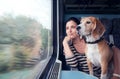 Woman travel with dog into the train wagon Royalty Free Stock Photo