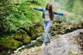 Woman travel in mountain river eco tourist Royalty Free Stock Photo