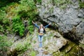 Woman travel in mountain river eco tourist Royalty Free Stock Photo