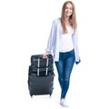 Woman with travel suitcase, passport goes walking smiling happiness Royalty Free Stock Photo