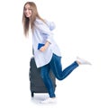 Woman with travel suitcase, passport goes walking smiling happiness Royalty Free Stock Photo