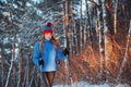 Woman Traveler with backpack hiking Travel Lifestyle adventure concept active vacations outdoor. Beautiful landscape forest Royalty Free Stock Photo