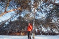 Woman Traveler with backpack hiking Travel Lifestyle adventure concept active vacations outdoor. Beautiful landscape forest Royalty Free Stock Photo