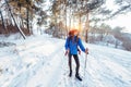 Woman Traveler with backpack hiking Travel Lifestyle adventure concept active vacations outdoor. Beautiful landscape forest Royalty Free Stock Photo