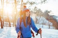 Woman Traveler with backpack hiking Travel Lifestyle adventure concept active vacations outdoor. Beautiful landscape Royalty Free Stock Photo