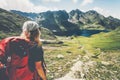 Woman Traveler with backpack hiking Royalty Free Stock Photo