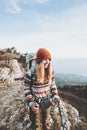 Woman Traveler with backpack mountaineering Royalty Free Stock Photo