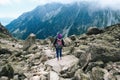 Woman traveler with backpack tracking sticks top mountain Royalty Free Stock Photo