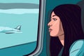 plane woman character transportation flight seat trip sitting passenger window journey. Generative AI.