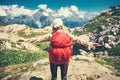 Woman Traveler hands raised hiking Royalty Free Stock Photo