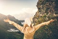 Woman Traveler hands raised hiking Travel Lifestyle concept Summer adventure Royalty Free Stock Photo