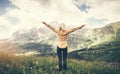 Woman Traveler hands raised hiking Royalty Free Stock Photo