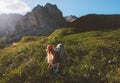 Woman traveler hiking with backpack travel solo outdoor adventure vacation