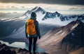 Woman Traveler hiking in the mountains. Mountaineering sport concept created with generative Ai technology