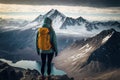 Woman Traveler hiking in the mountains. Mountaineering sport concept created with generative Ai technology