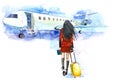 Woman traveler with luggage going to plane. Girl tourist passager walking in to airplane at airport