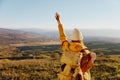 woman traveler mountain top nature travel adventure Fresh air Royalty Free Stock Photo