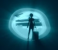 Woman traveler silhouette standing with baggage