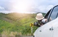 Woman traveler sitting in car