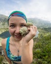 Woman traveler taking selfie in mountains Travel Lifestyle adventure concept active vacations outdoor mountaineering Royalty Free Stock Photo